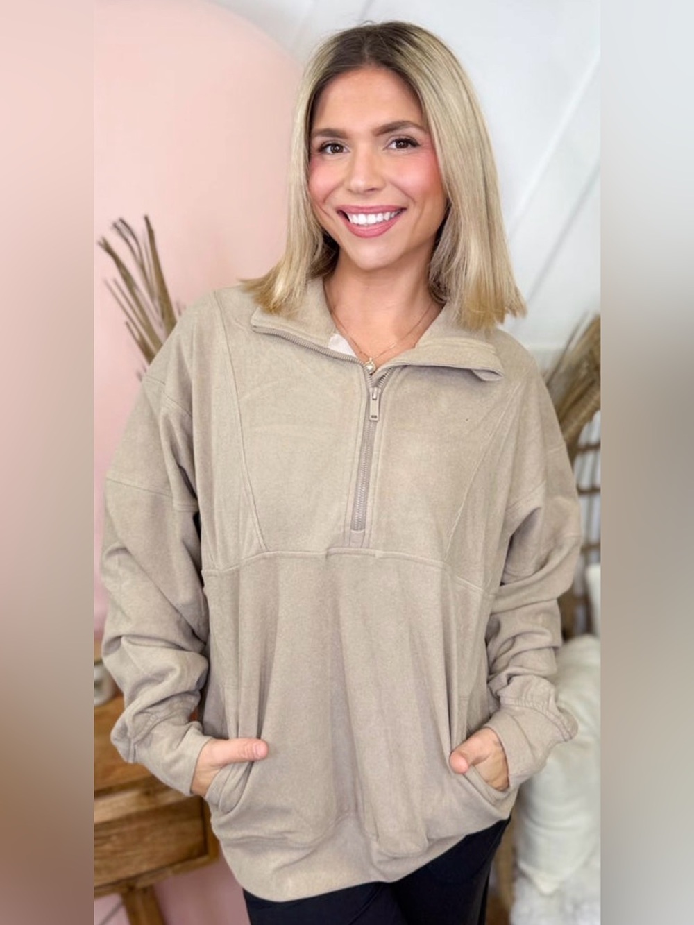 Cozy Beige Half-Zip Pullover Hoodie - Relaxed Fit